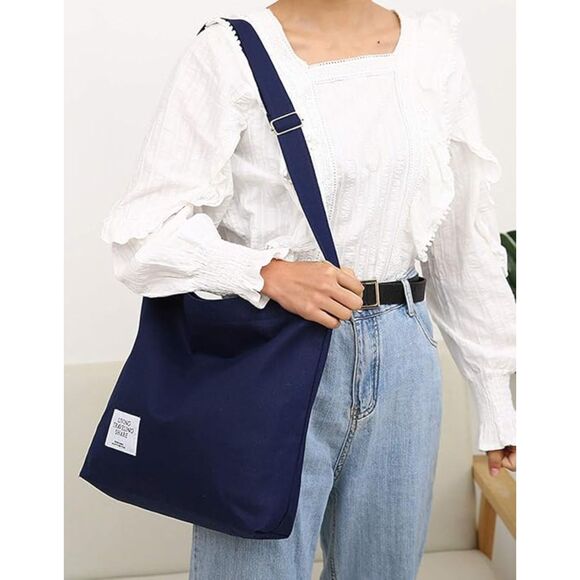 Women's Navy Blue Imported Canvas Retro Large Size Shoulder Crossbody Tote Bag - Picture 2 of 4